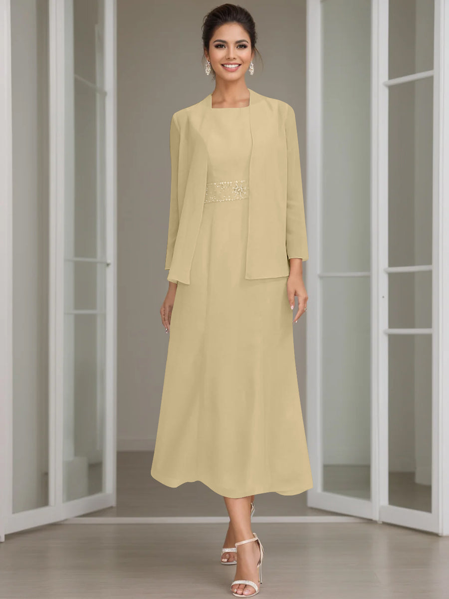 Sheath/Column Jewel Neck Tea-Length Mother of the Bride Dresses