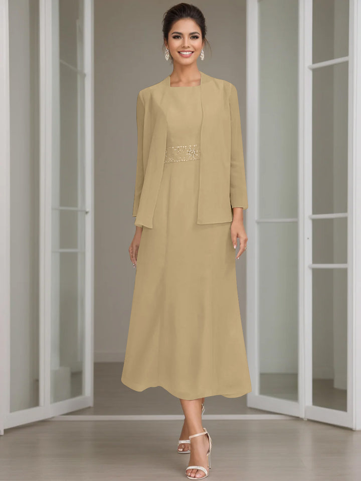 Sheath/Column Jewel Neck Tea Length Mother of the Bride Dresses with Jacket & Beading