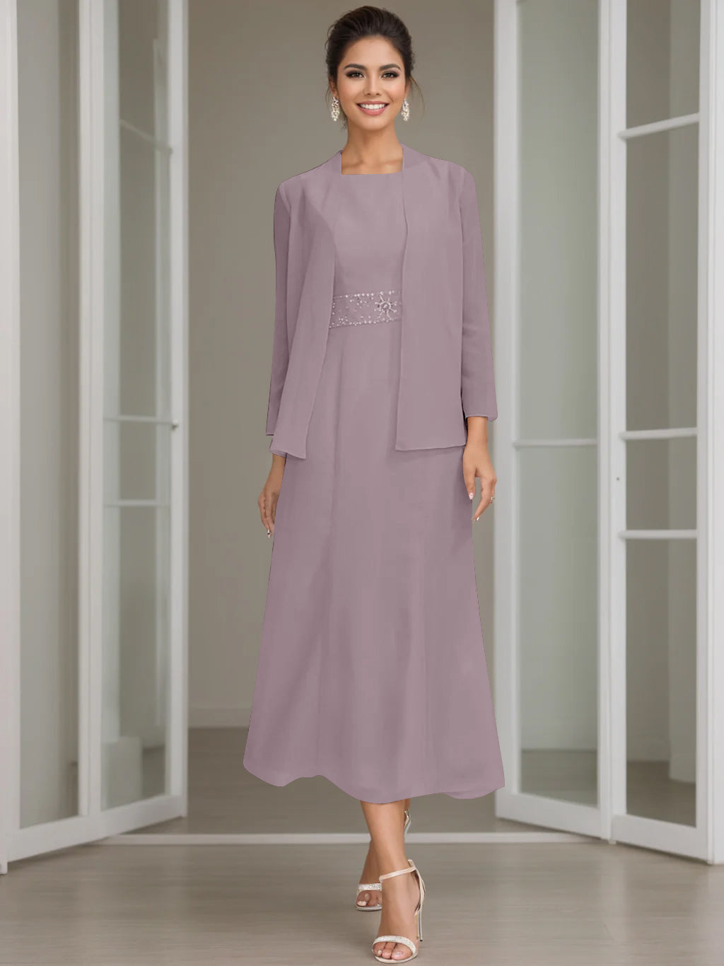 Sheath/Column Jewel Neck Tea Length Mother of the Bride Dresses