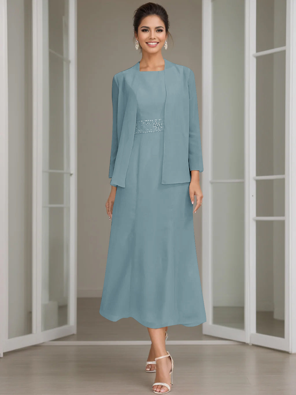 Dusty Blue Mother of The Bride Gowns 2026 Women's Sheath/Column Jewel Neck Tea Length Chiffon Formal Wedding Guest Dresses with Jacket & Beading Dusty Blue Mother of The Bride Gowns 2026 Women's Sheath/Column Jewel Neck Tea Length Chiffon Formal Wedding Guest Dresses with Jacket & Beading
