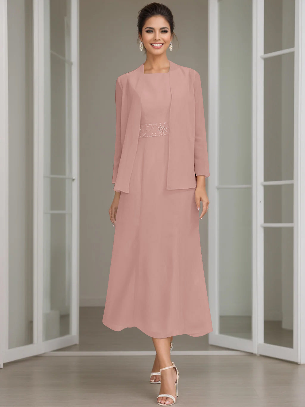Sheath/Column Jewel Neck Tea Length Mother of the Bride Dresses