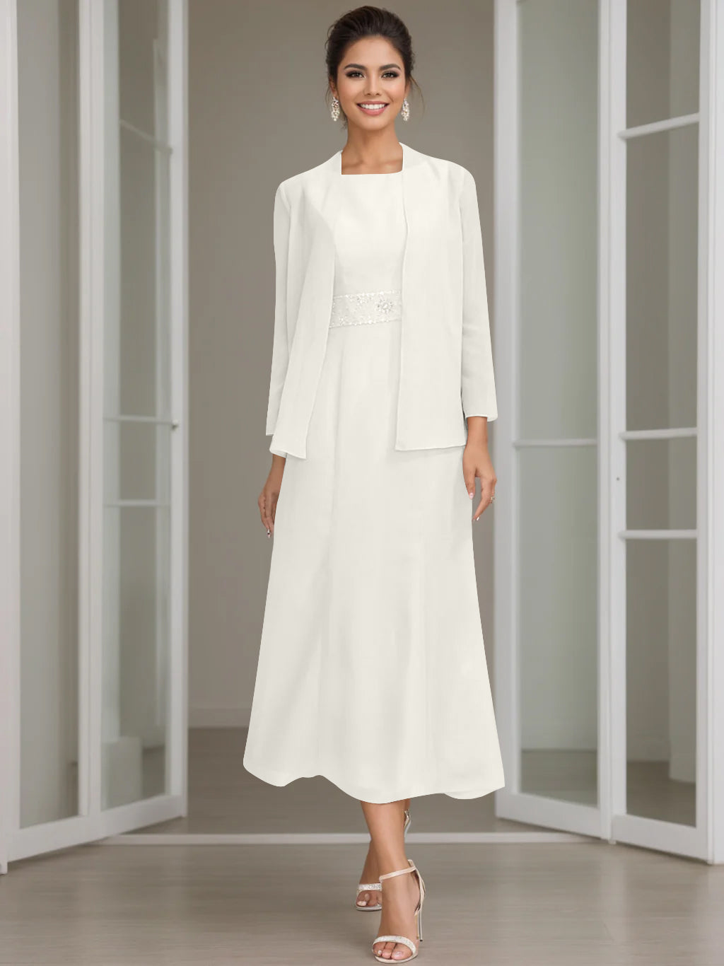 Sheath/Column Jewel Neck Tea Length Mother of the Bride Dresses with Jacket & Beading Daffodil Sheath/Column Jewel Neck Tea Length Mother of the Bride Dresses with Jacket & Beading Daffodil