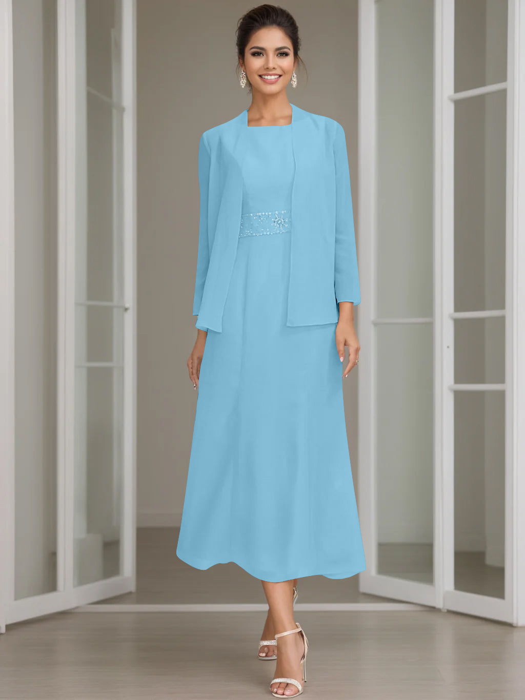 Light Blue Formal Wedding Guest Dresses Chiffon for Women Sheath/Column Jewel Neck Sleeveless Tea-Length Bridal's Mother Gowns with Jacket & Beading
