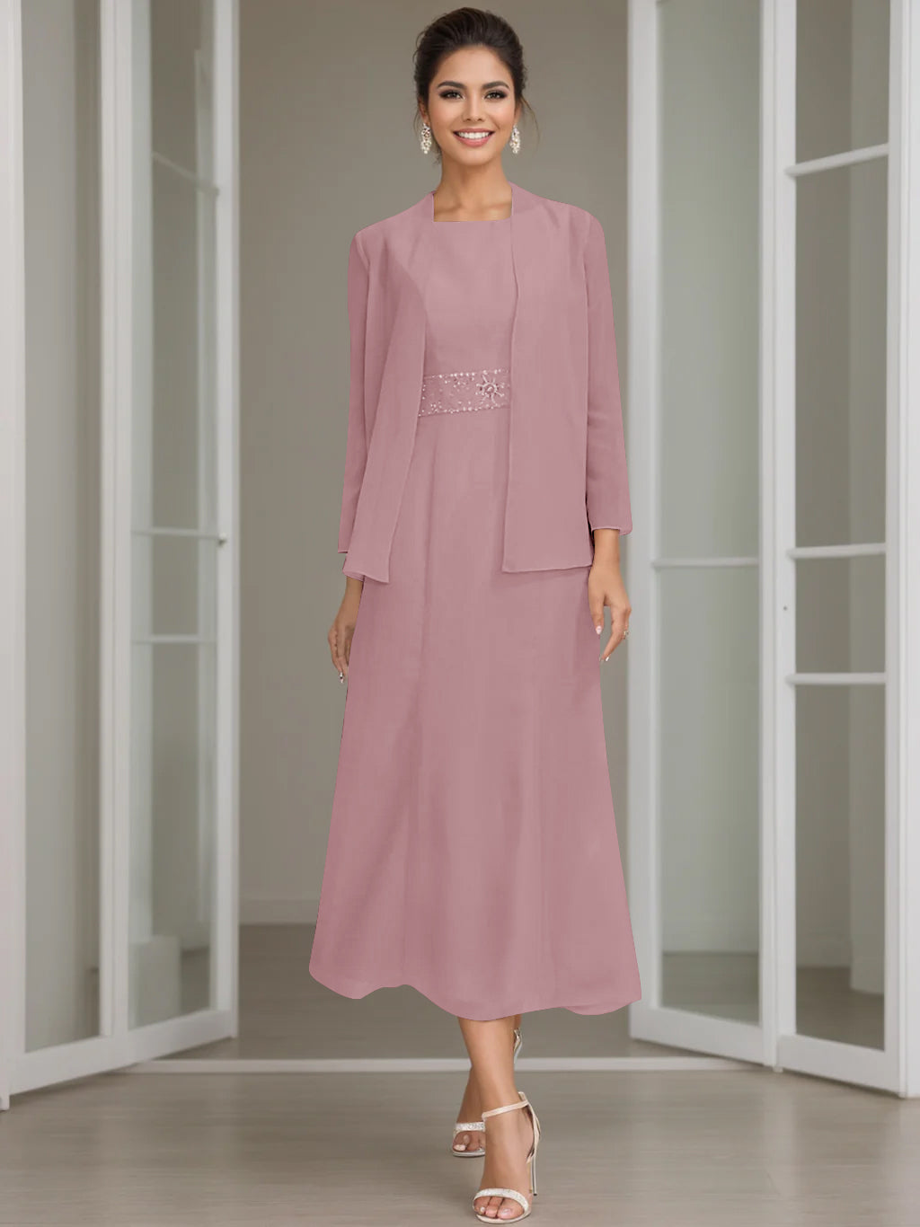 Sheath/Column Jewel Neck Tea Length Mother of the Bride Dresses