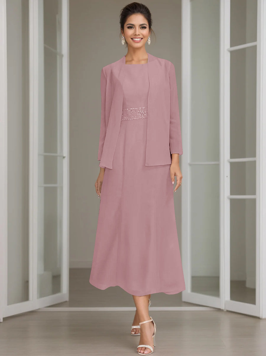 Sheath/Column Jewel Neck Tea Length Mother of the Bride Dresses with Jacket & Beading