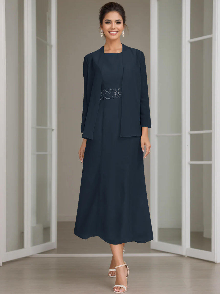 Sheath/Column Jewel Neck Tea Length Mother of the Bride Dresses with Jacket & Beading