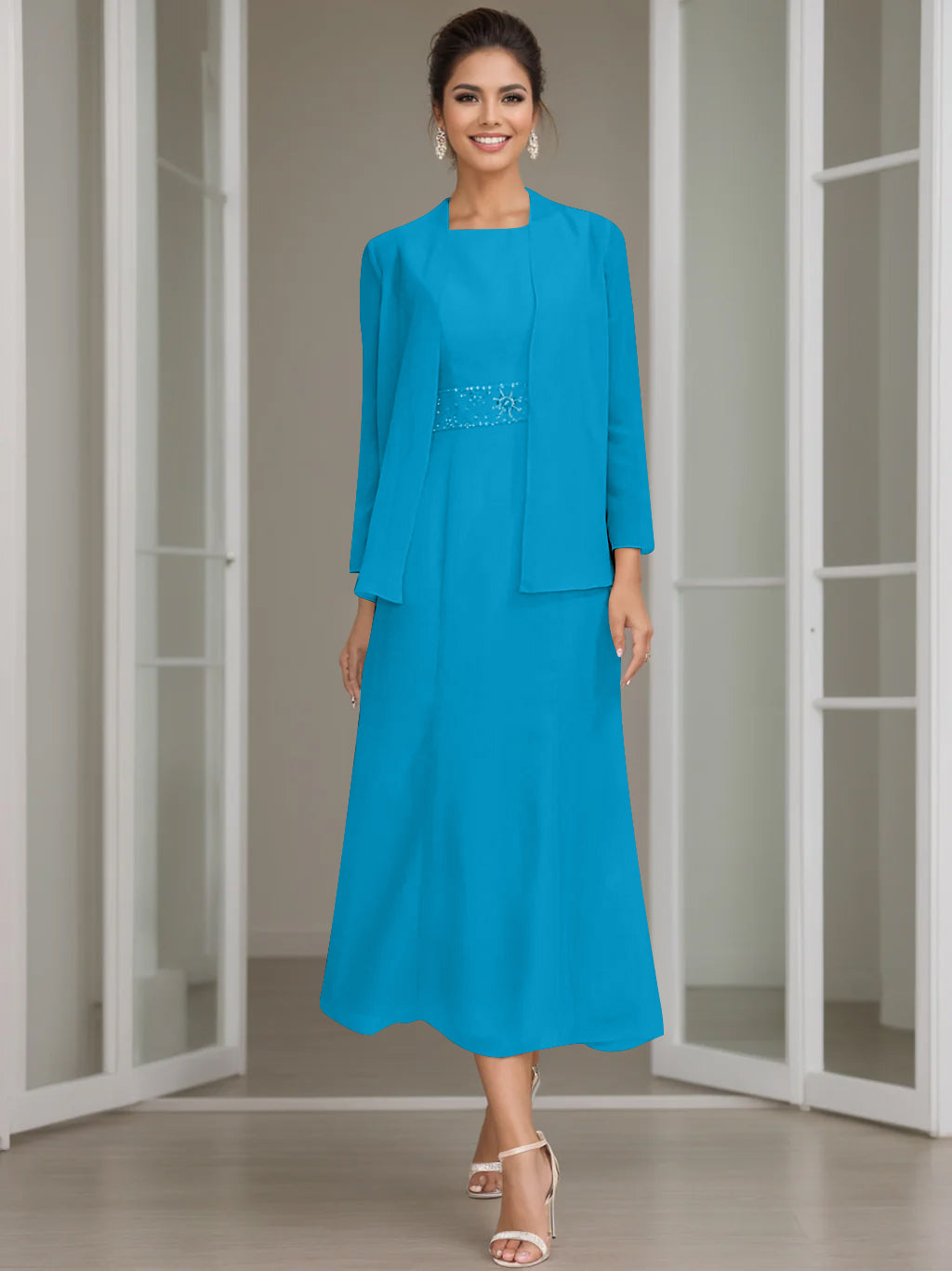 Sheath/Column Jewel Neck Tea Length Mother of the Bride Dresses