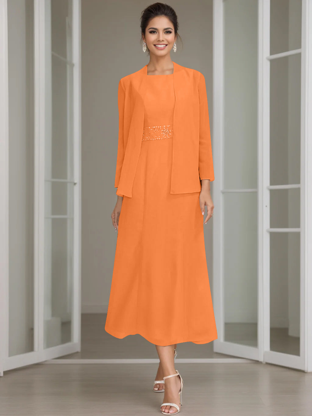 Sheath/Column Jewel Neck Tea Length Mother of the Bride Dresses