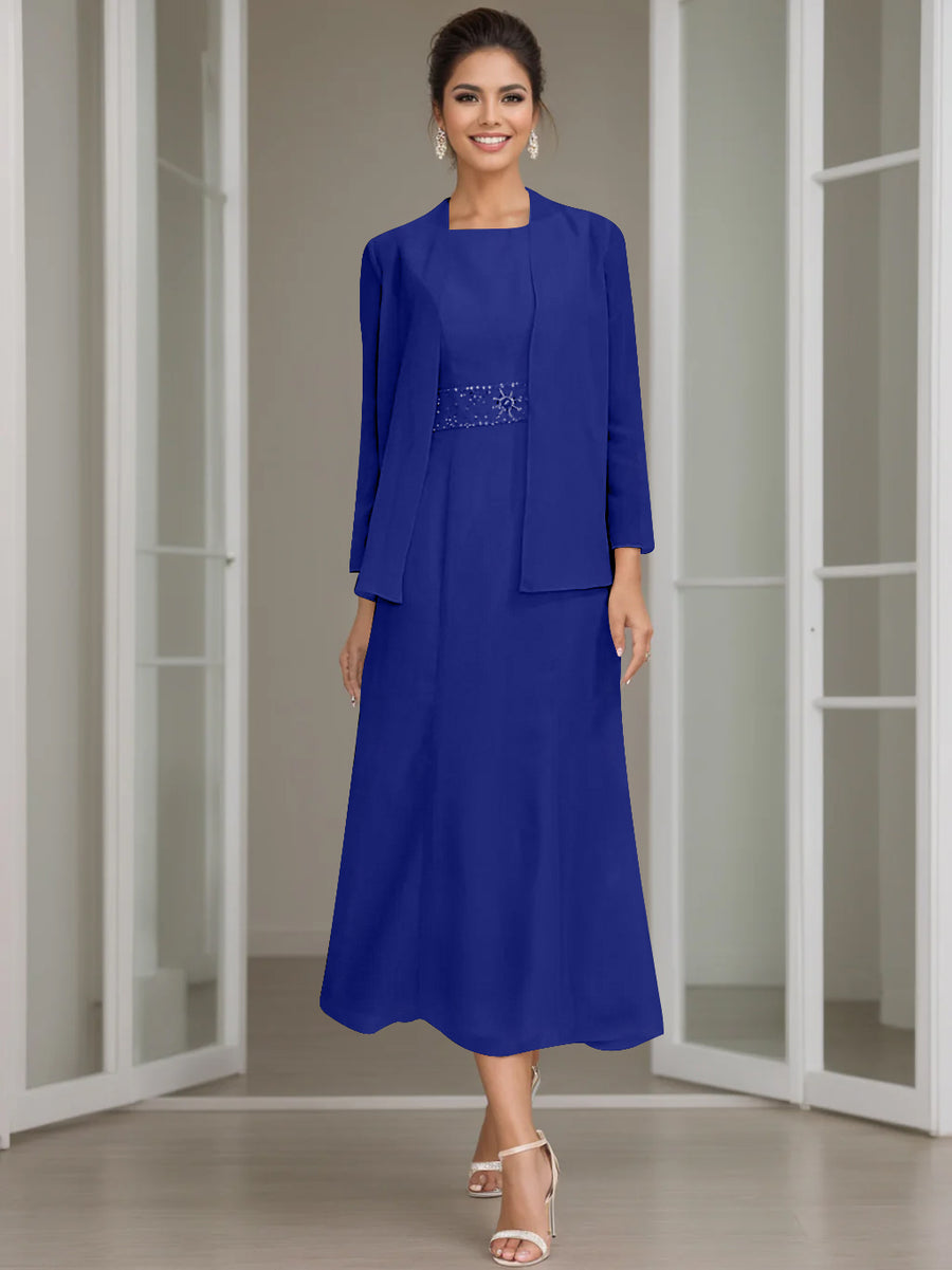 Sheath/Column Jewel Neck Tea Length Mother of the Bride Dresses with Jacket & Beading