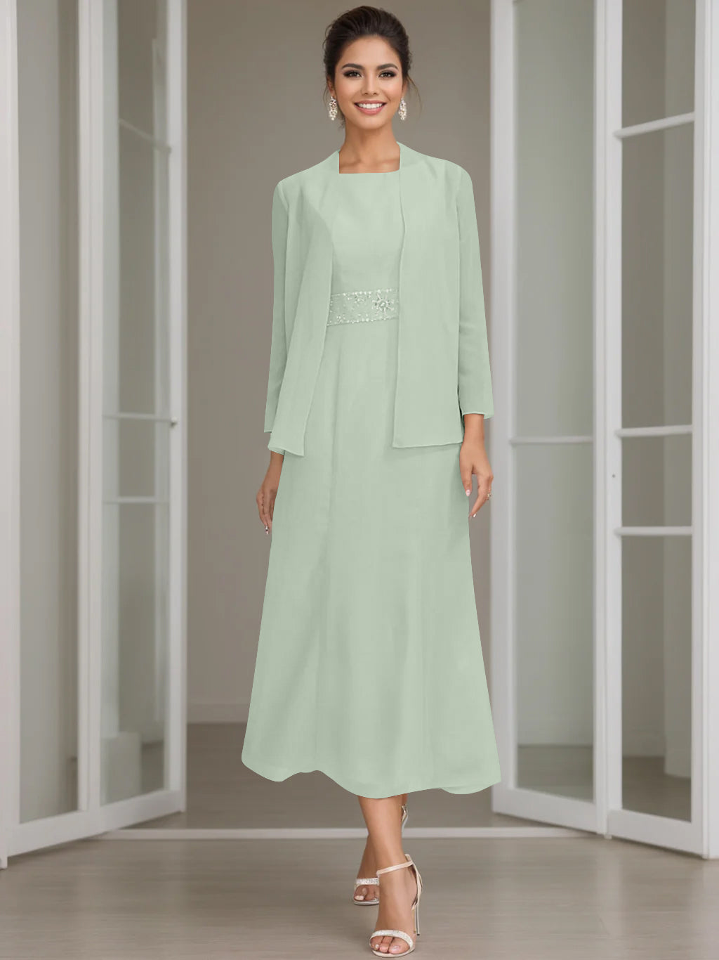 Sheath/Column Jewel Neck Tea Length Mother of the Bride Dresses with J - Mondressy Sheath/Column Jewel Neck Tea Length Mother of the Bride Dresses with J - Mondressy