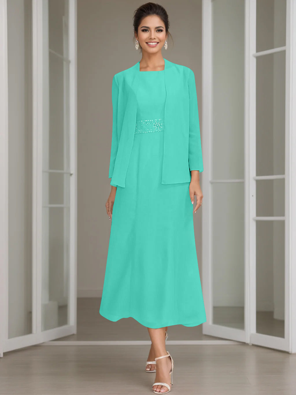 Tea Length Le Bos Jacket Dress Le Bos 3/4 Sleeve Round Neck Embroidered Flounce Hem Tea Length Le Bos Jacket Dress Le Bos 3/4 Sleeve Round Neck Embroidered Flounce Hem