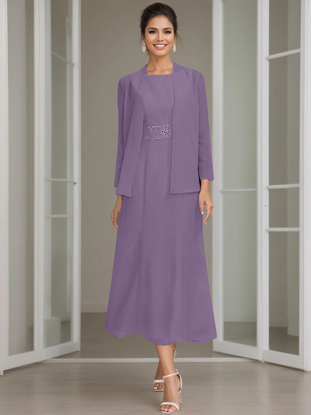 Sheath/Column Jewel Neck Tea Length Mother of the Bride Dresses