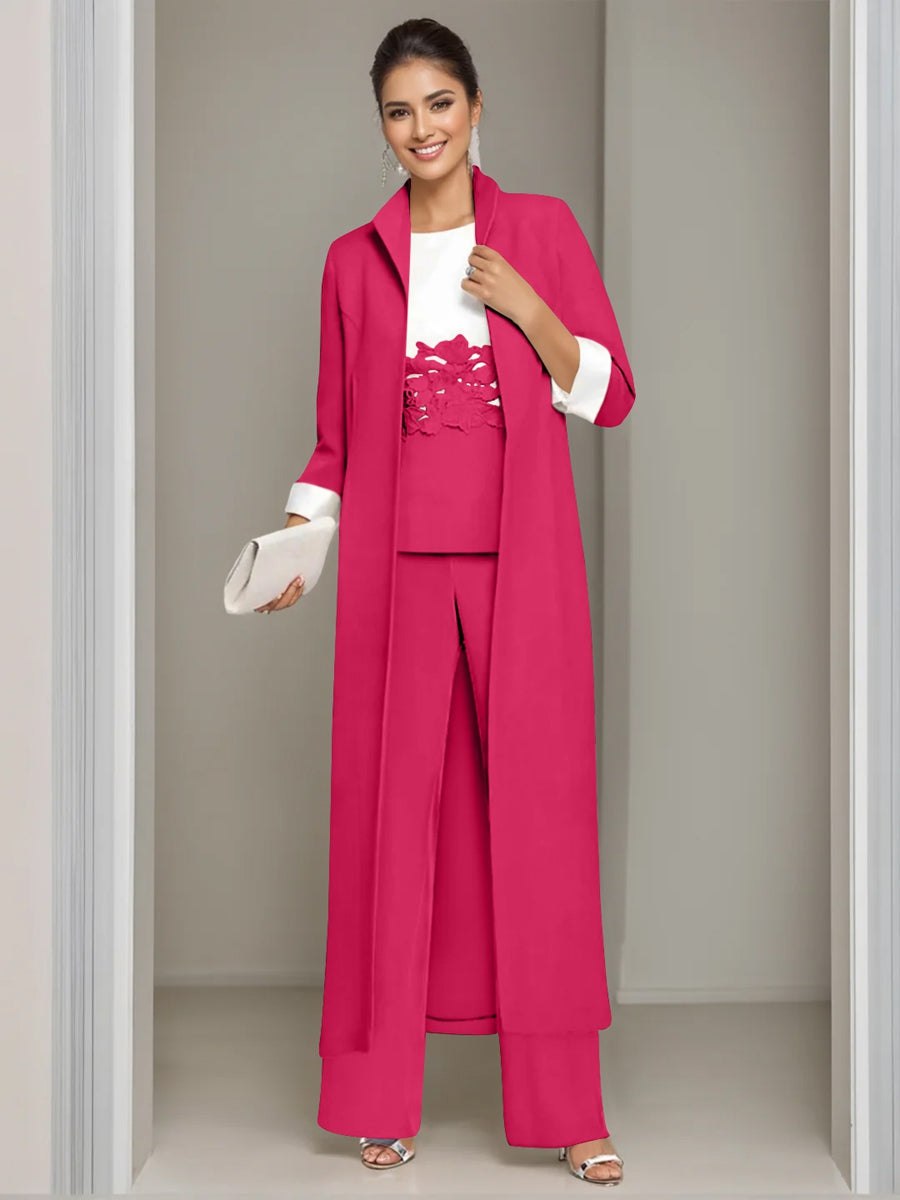 2 Pieces Scoop 3/4 Sleeves Floor-Length Mother of the Bride Pantsuits with Jewel Appliques