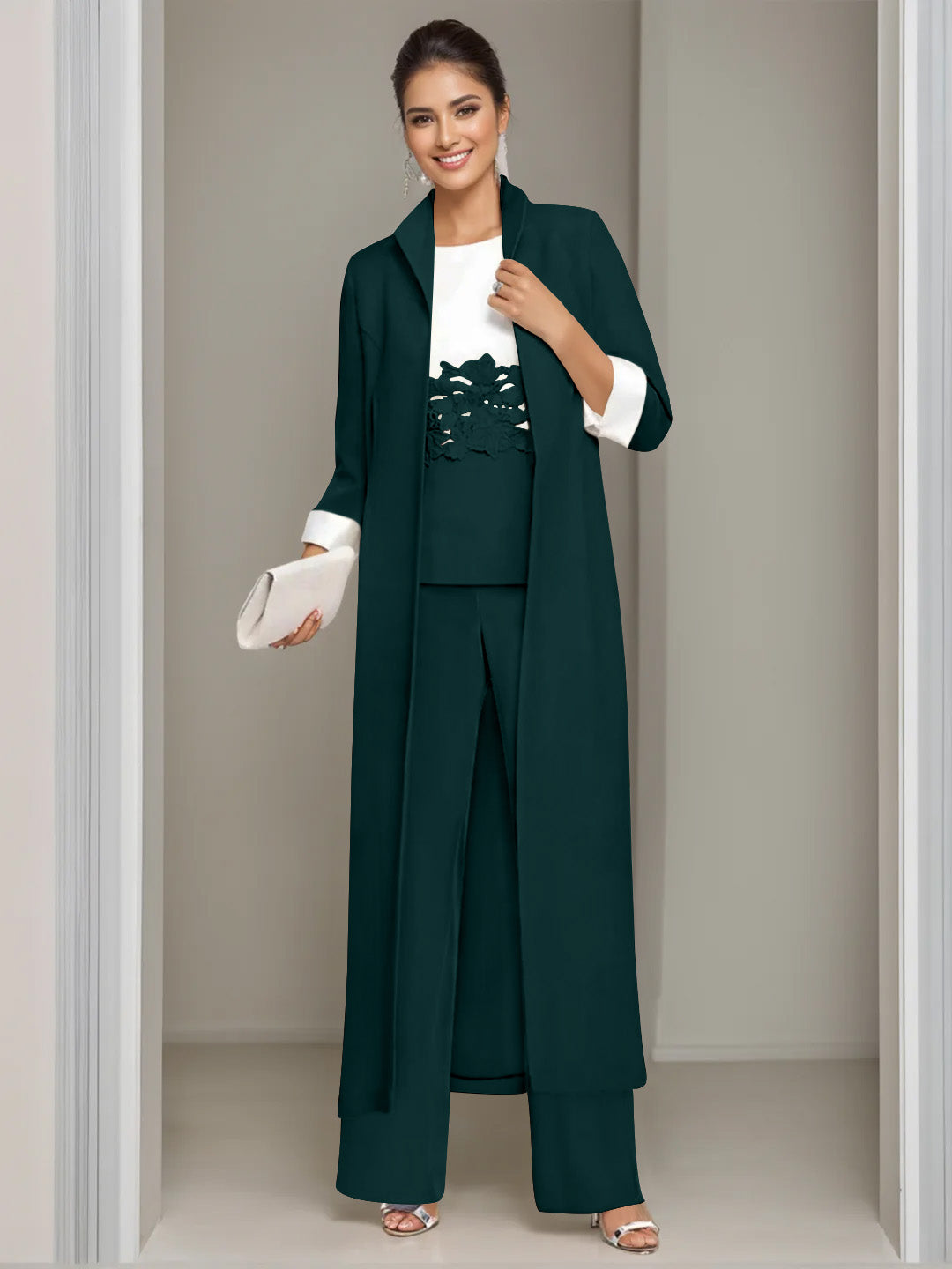 3 Pieces Square-Neck Ankle Length Mother of the Bride Pantsuits with Jacket & Appliques Lace