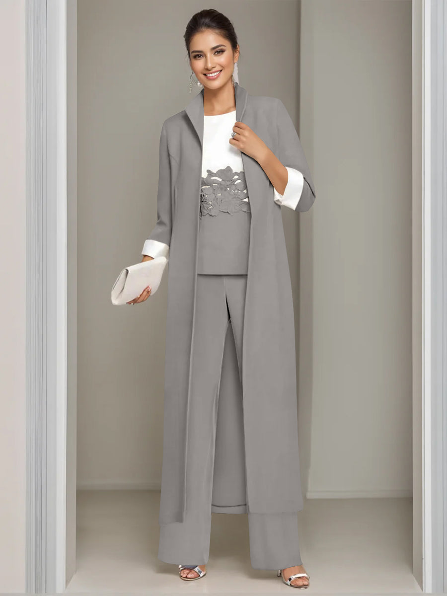 3 Pieces Square-Neck Ankle Length Mother of the Bride Pantsuits with Jacket & Appliques Lace