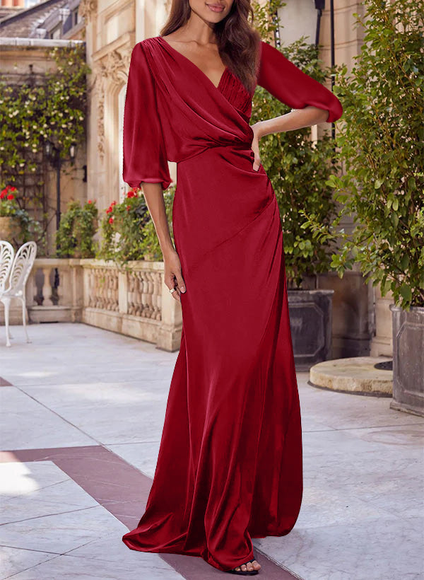 Column Floral Print V-neck Half Sleeves Red Mother of the Bride & Groom Dresses