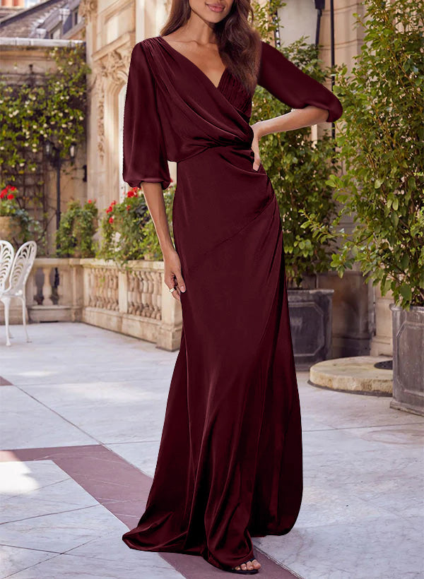 Column Floral Print V-neck Half Sleeves Red Mother of the Bride & Groom Dresses Cabernet