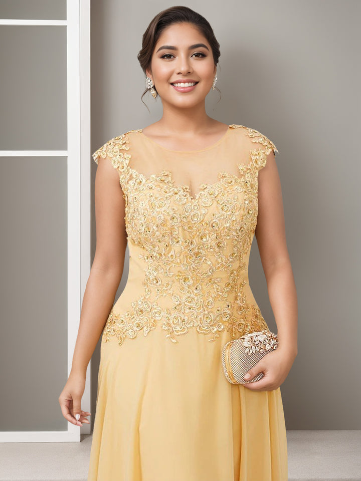 A-Line/Princess Jewel Neck Sleeveless Floor-Length Elegant Plus Size Mother of the Bride Dresses with Beading Appliques