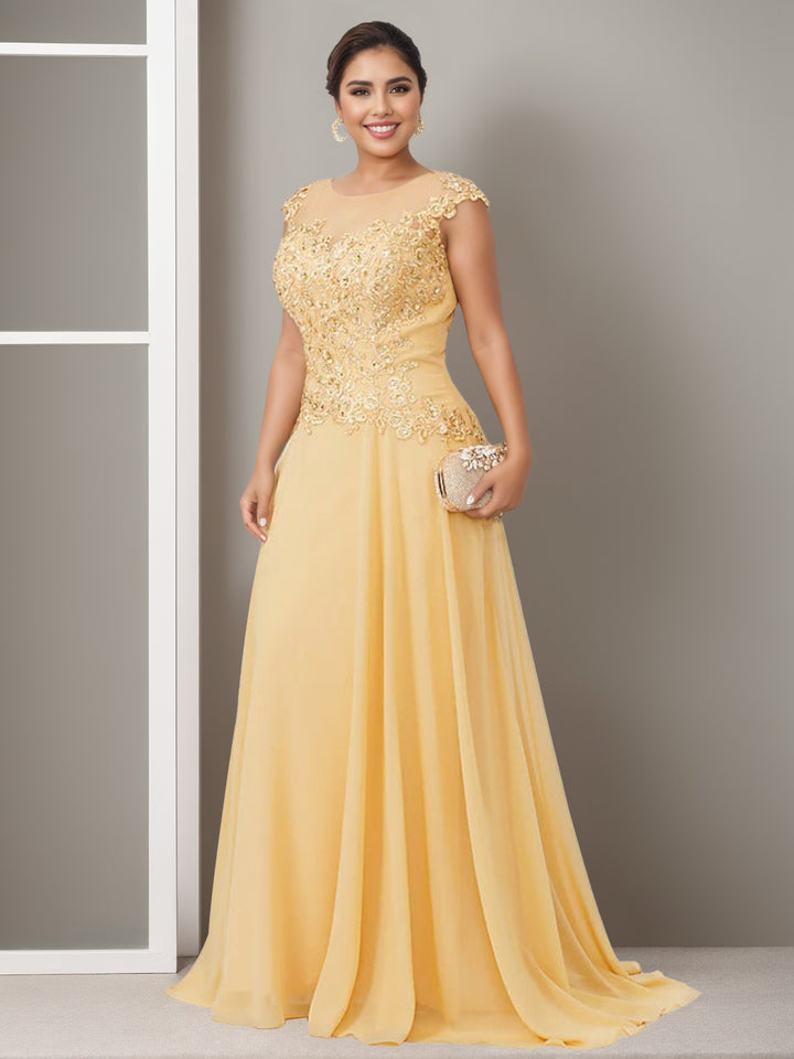 A-Line/Princess Jewel Neck Sleeveless Floor-Length Elegant Plus Size Mother of the Bride Dresses with Beading Appliques