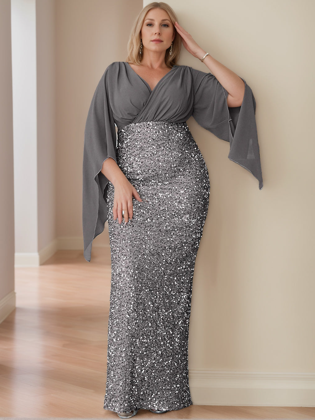 Sheath/Column V-Neck Flare Sleeves Floor-Length Unique Plus Size Mother of the Bride Dresses with Sequined