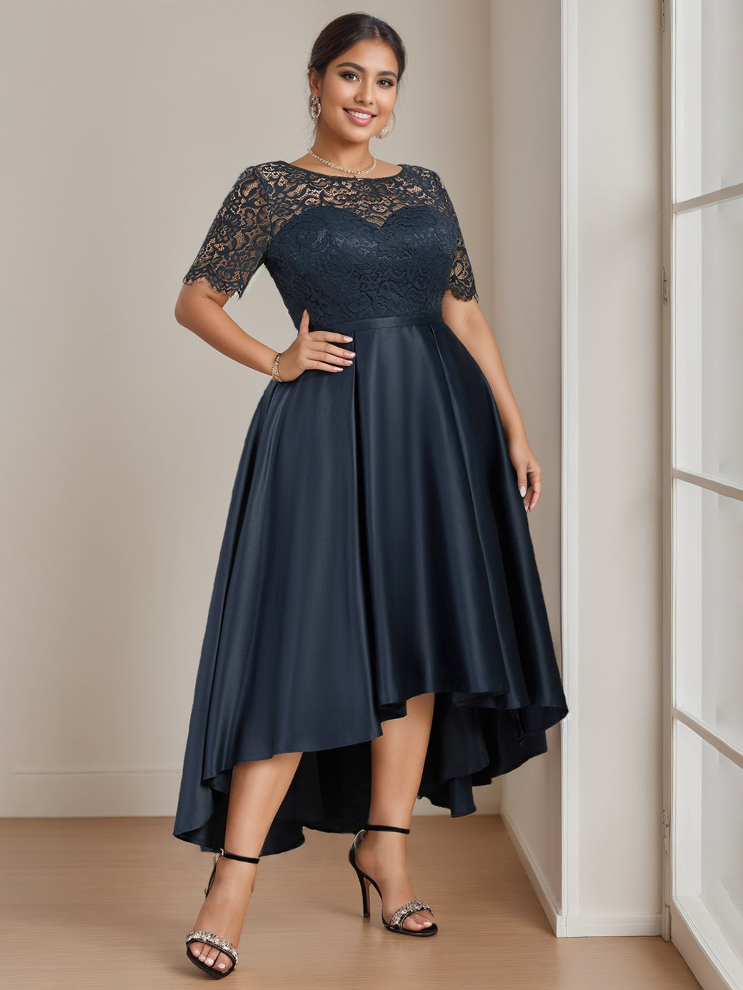 Navy Blue Mother of The Bride Dress Plus Size 2026 A-Line/Princess Round Neck Short Sleeves Asymmetrical Wedding Guest Gowns with Appliques, Navy Blue