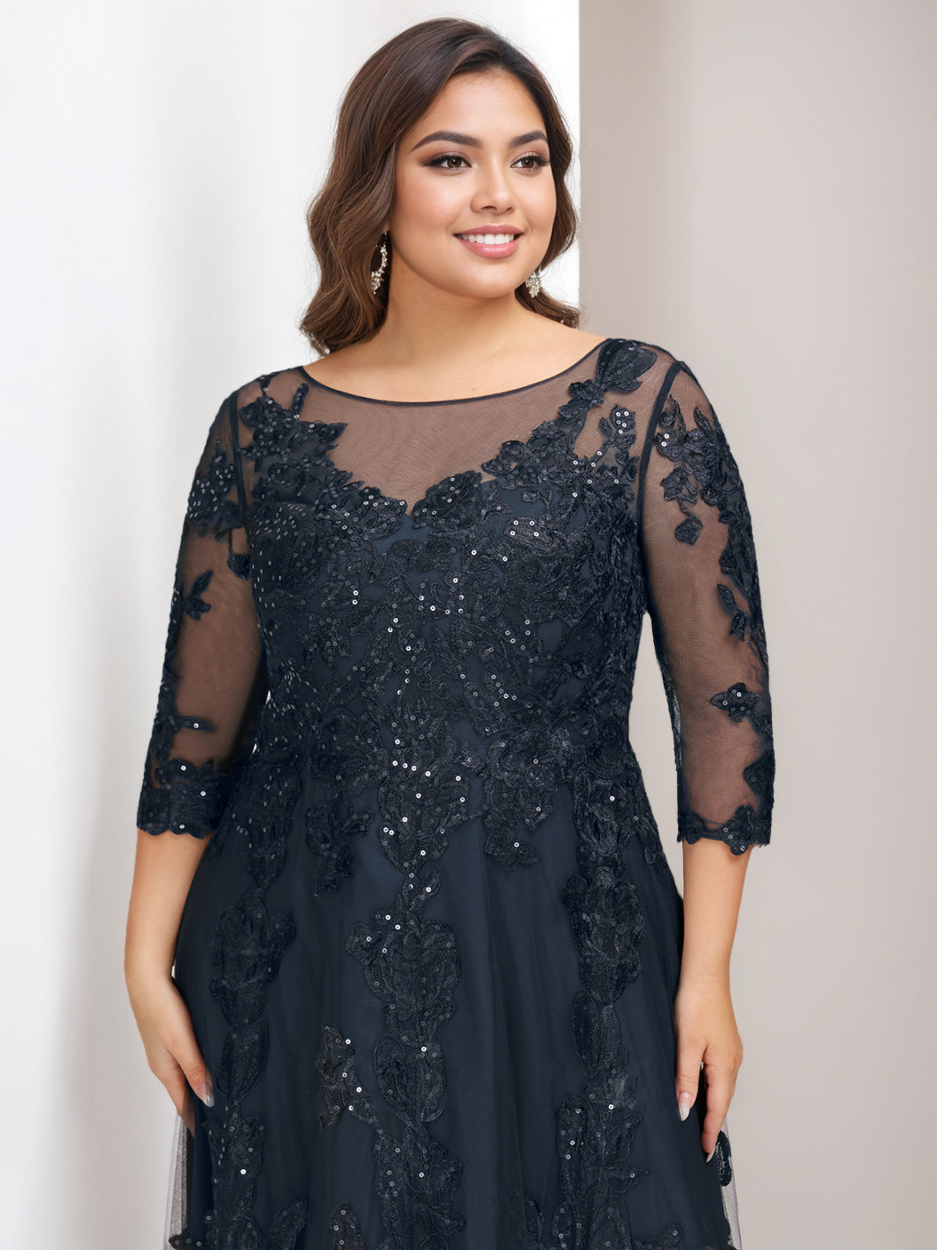 A-Line/Princess Scoop 3/4 Length Sleeves Floor-Length Plus Size Mother of the Bride Outfits with Sequins