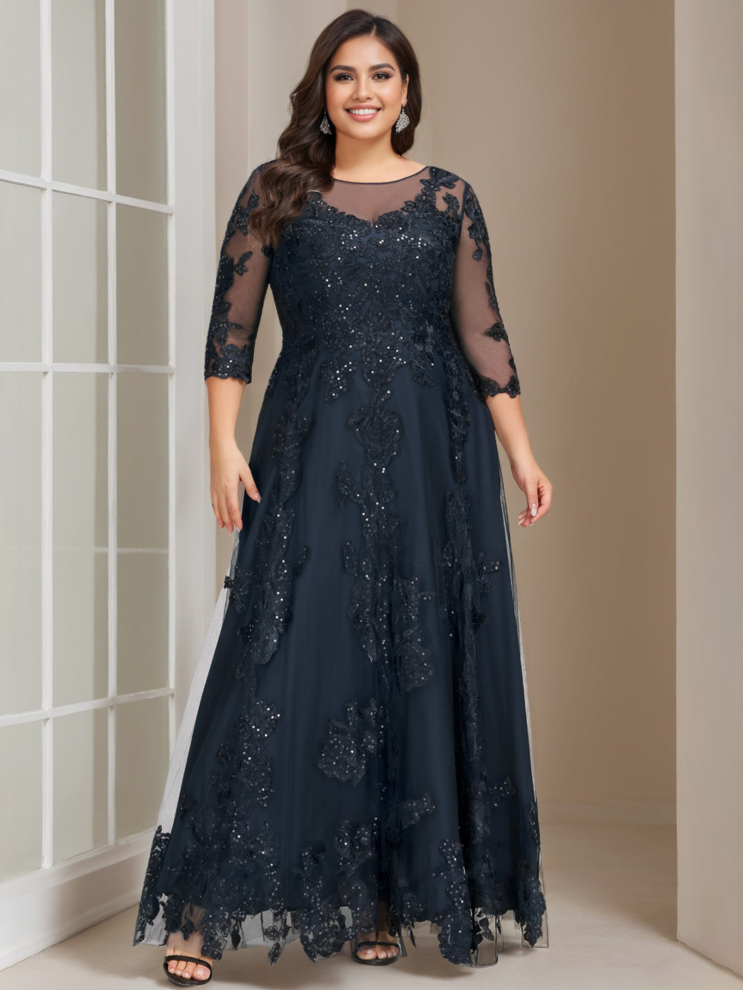 A-Line/Princess Scoop 3/4 Length Sleeves Floor-Length Plus Size Mother of the Bride Outfits with Sequins