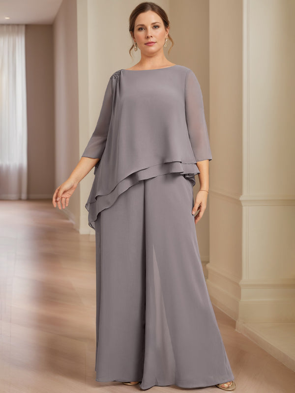 Chiffon 2 Pieces Scoop 3/4 Length Sleeves Floor-Length Plus Size Mother of the Bride Pantsuits with Beading