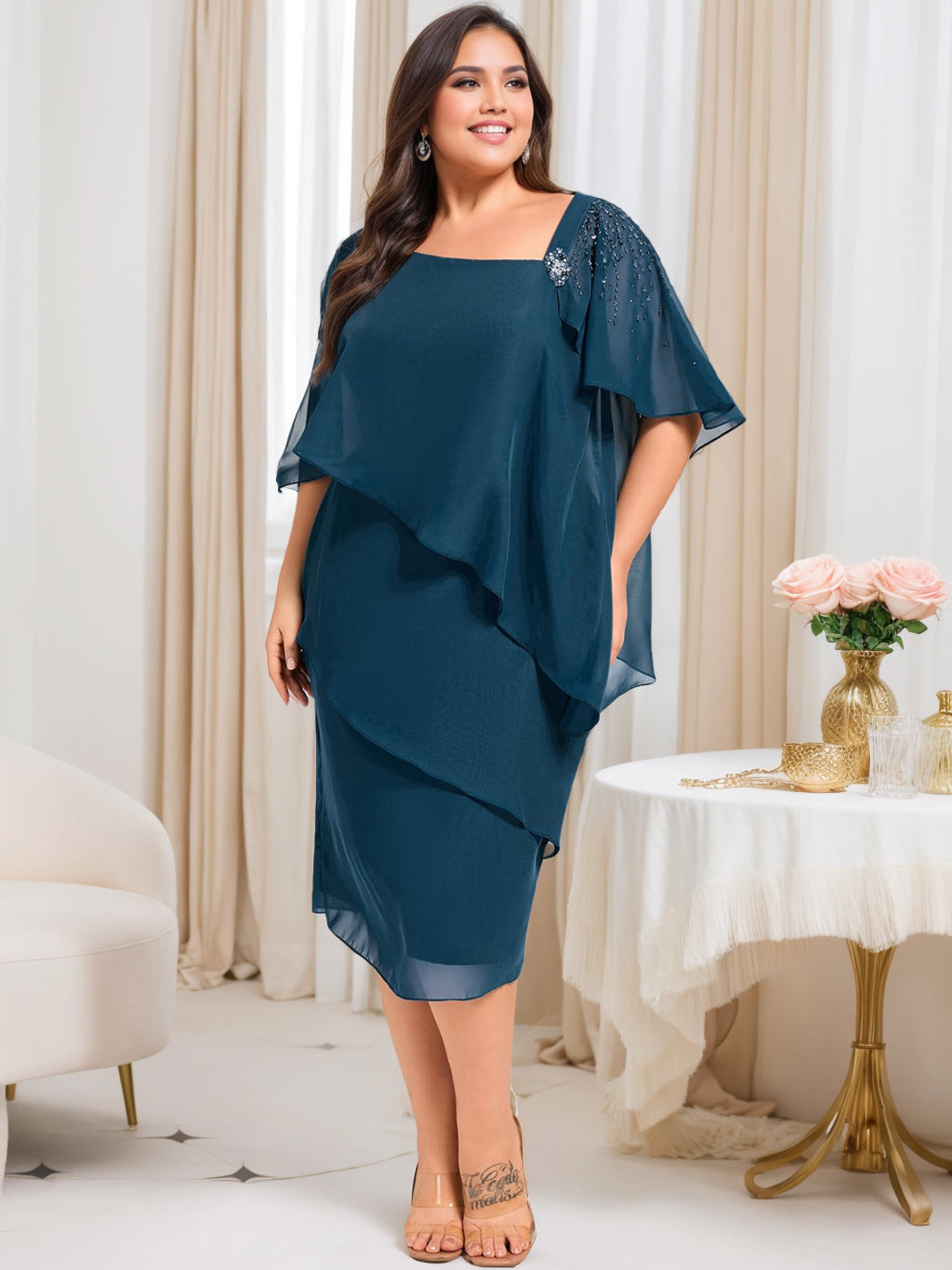 Sheath/Column Half Sleeves Knee-Length Plus Size Mother of the Bride Outfits with Beading & Sequins