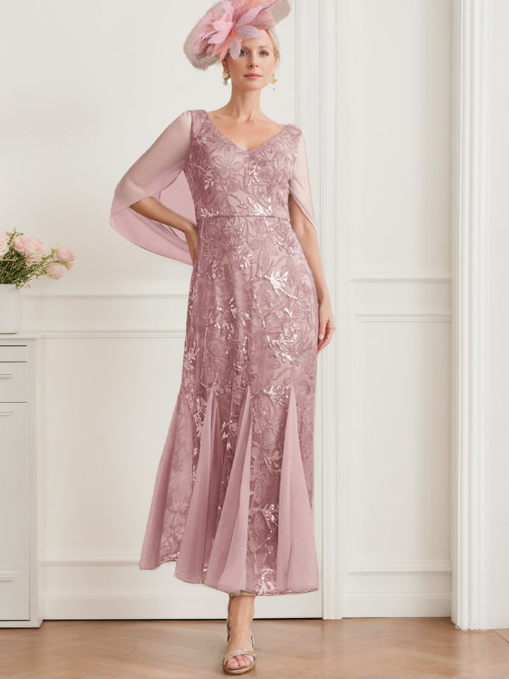 A-Line/Princess V-Neck Half Sleeves Ankle-Length Mother of the Bride Dresses with Solid Color & Lace