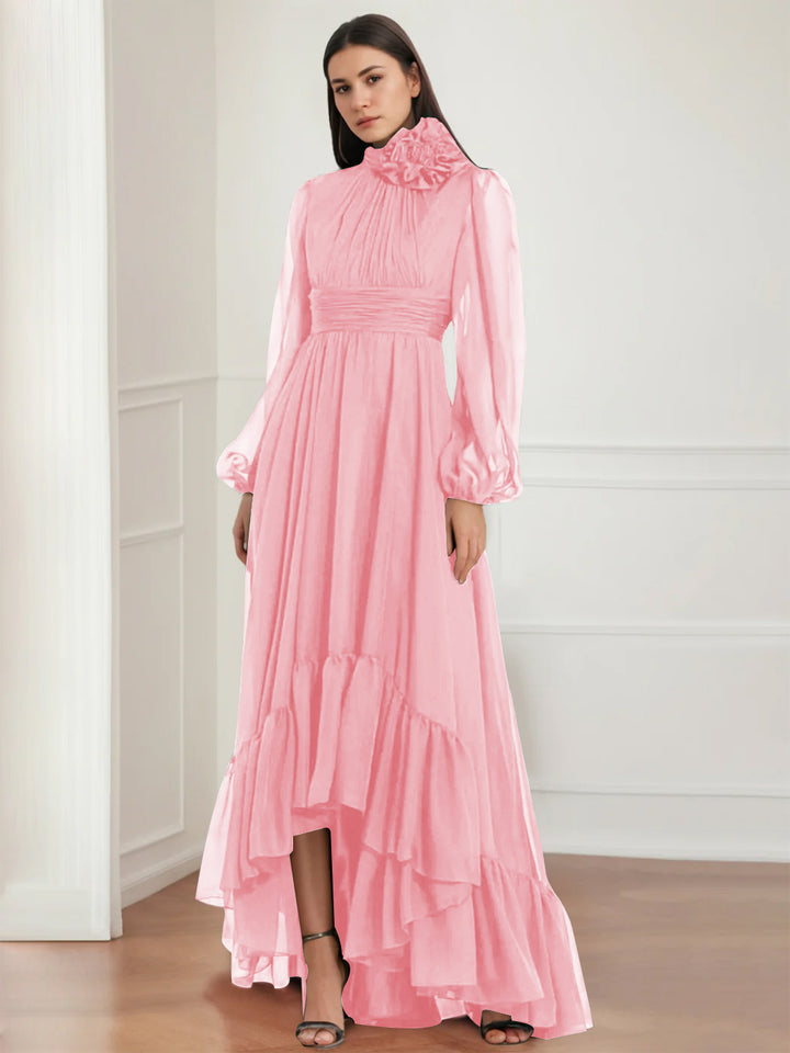 A-Line/Princess Jewel Neck Long Sleeves Asymmetrical Mother of the Bride Dresses with Flower & Ruffles