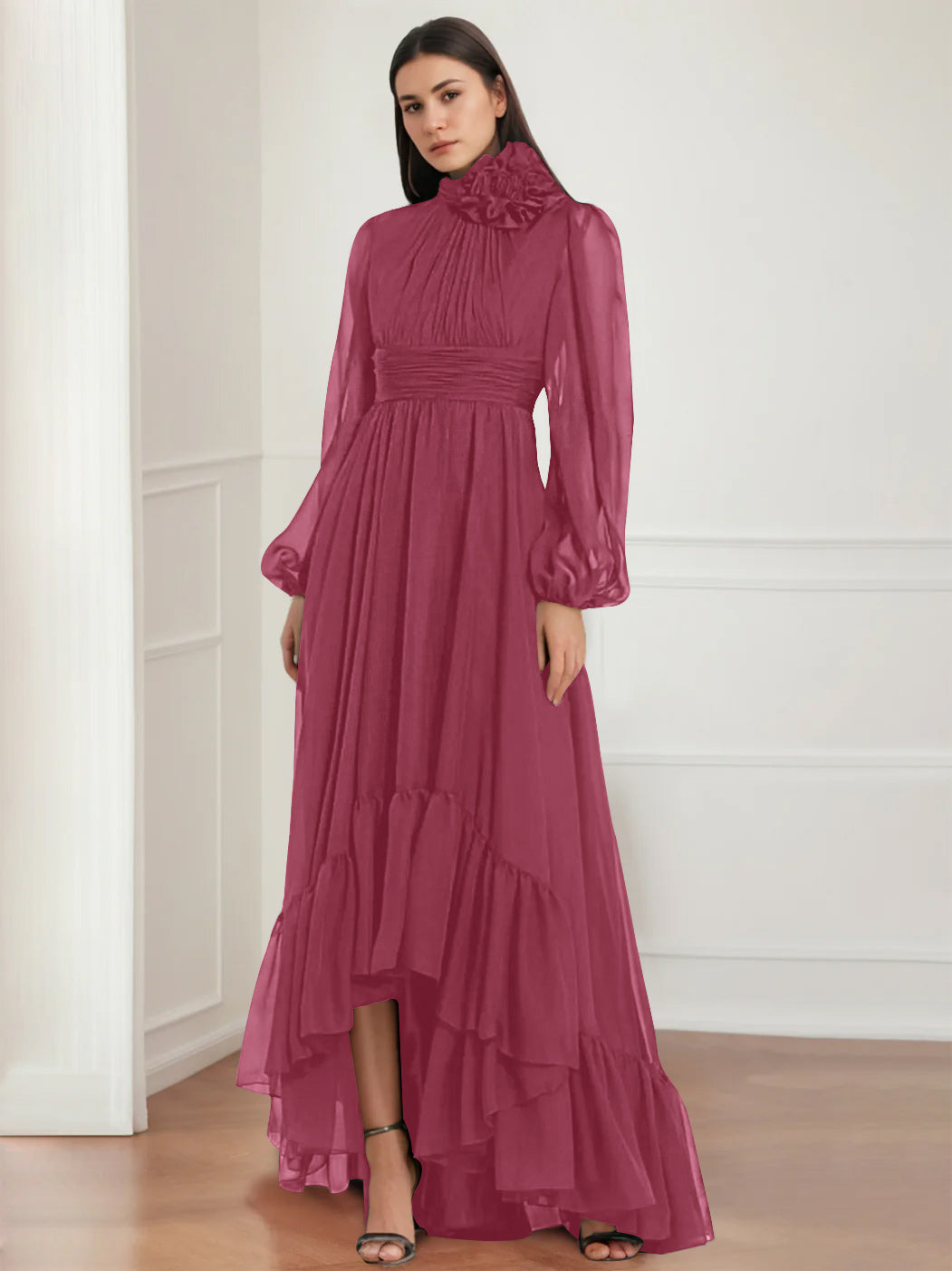 A-Line/Princess Jewel Neck Long Sleeves Asymmetrical Mother of the Bride Dresses with Flower & Ruffles