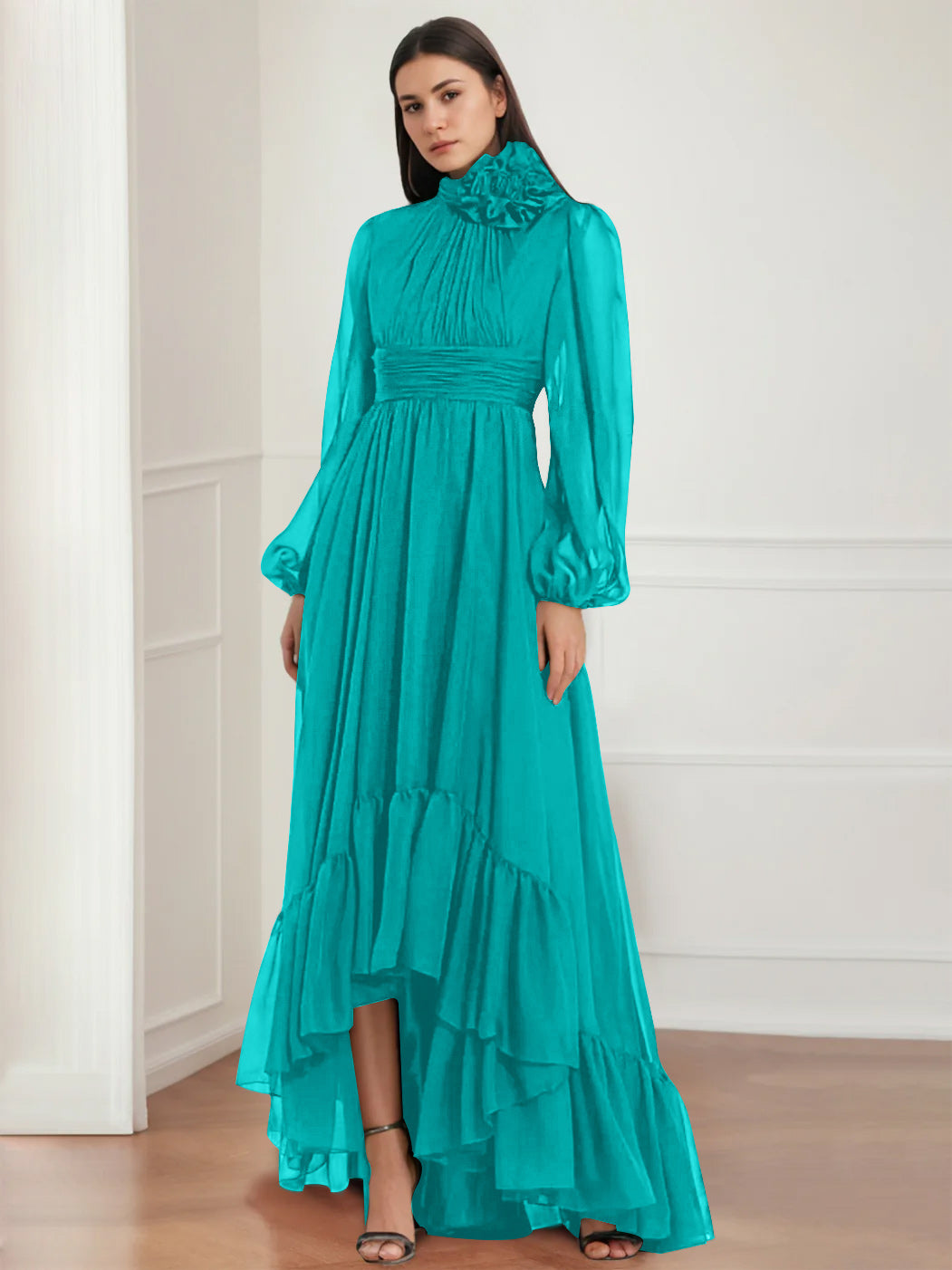 A-Line/Princess Jewel Neck Long Sleeves Asymmetrical Mother of the Bride Dresses with Flower & Ruffles