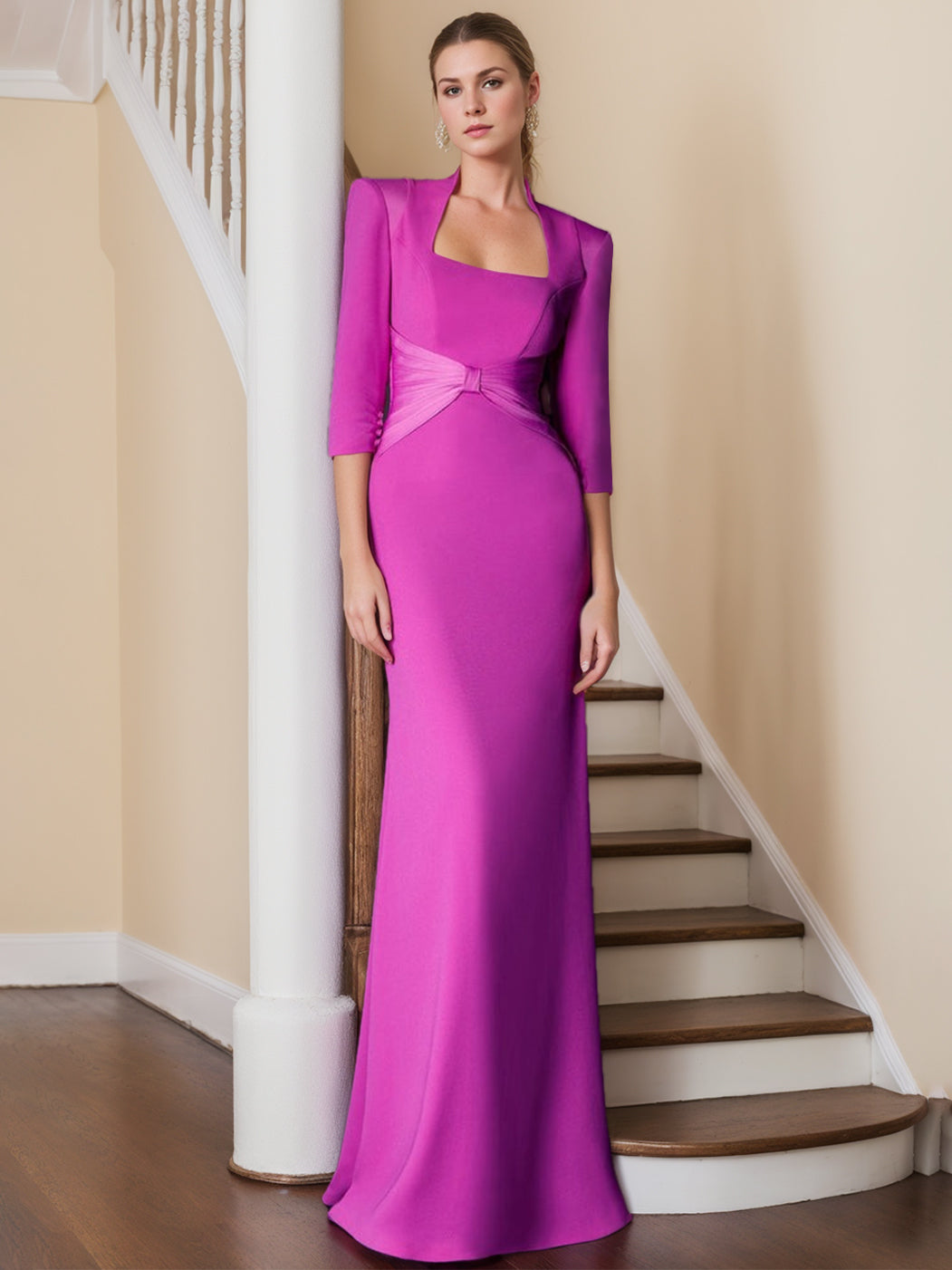 Sheath/Column Standing Shoulders 3/4 Length Sleeves Floor-Length Unique Mother of the Bride dresses with Ruffles