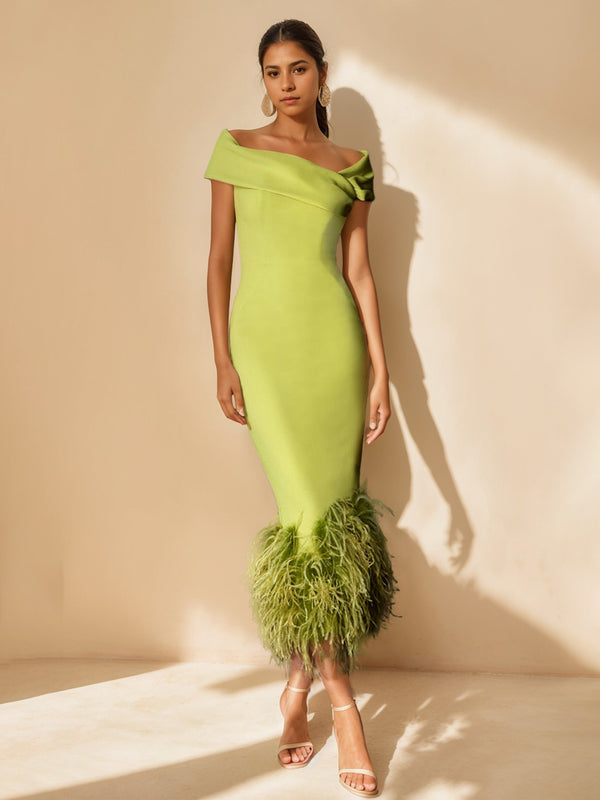 Green stretch satin sheath mother of the bride dress featuring off-the-shoulder short sleeves, feather trim embellishments, and tea-length column silhouette image.
