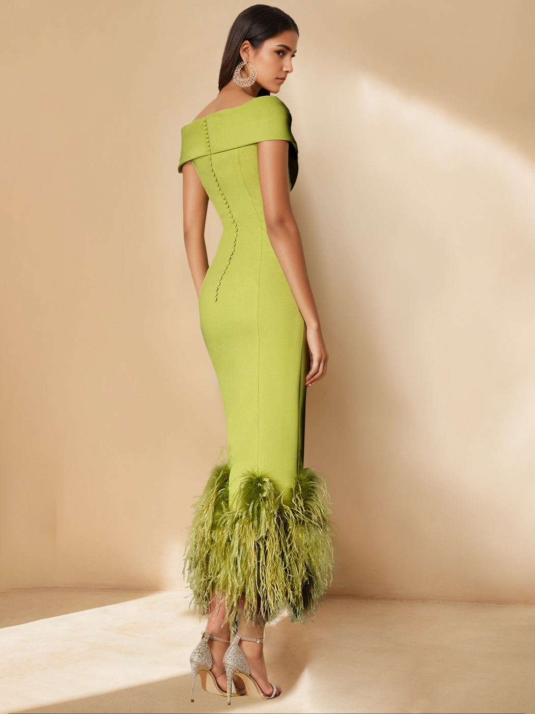 Sheath/Column Off-the-Shoulder Short Sleeves Tea-Length Unique Mother of the Bride Dresses with Feathers