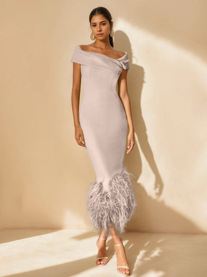 Sheath/Column Off-the-Shoulder Short Sleeves Tea-Length Unique Mother of the Bride Dresses with Feathers