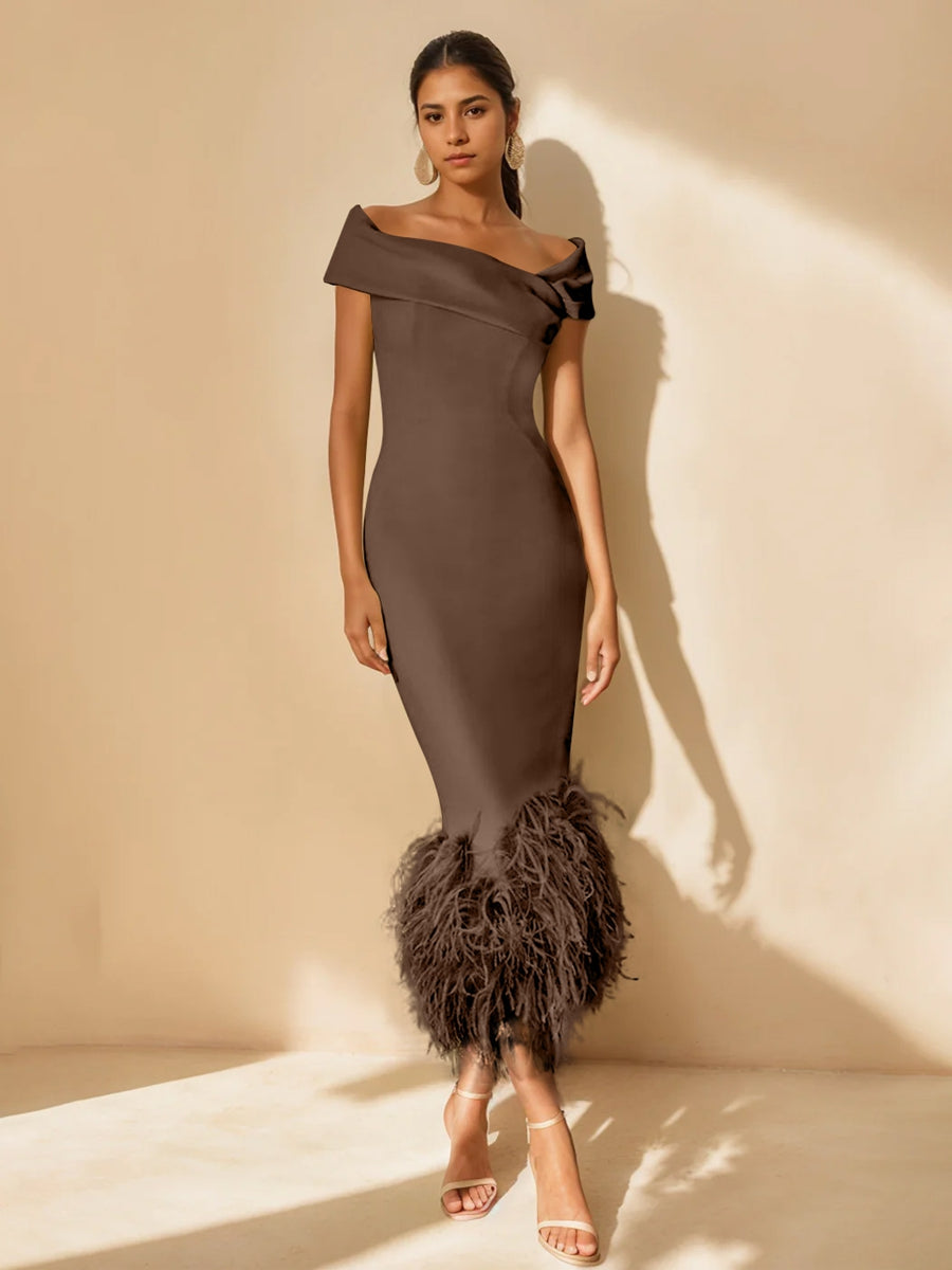 Sheath/Column Off-the-Shoulder Short Sleeves Tea-Length Unique Mother of the Bride Dresses with Feathers Brown Sheath/Column Off-the-Shoulder Short Sleeves Tea-Length Unique Mother of the Bride Dresses with Feathers Brown