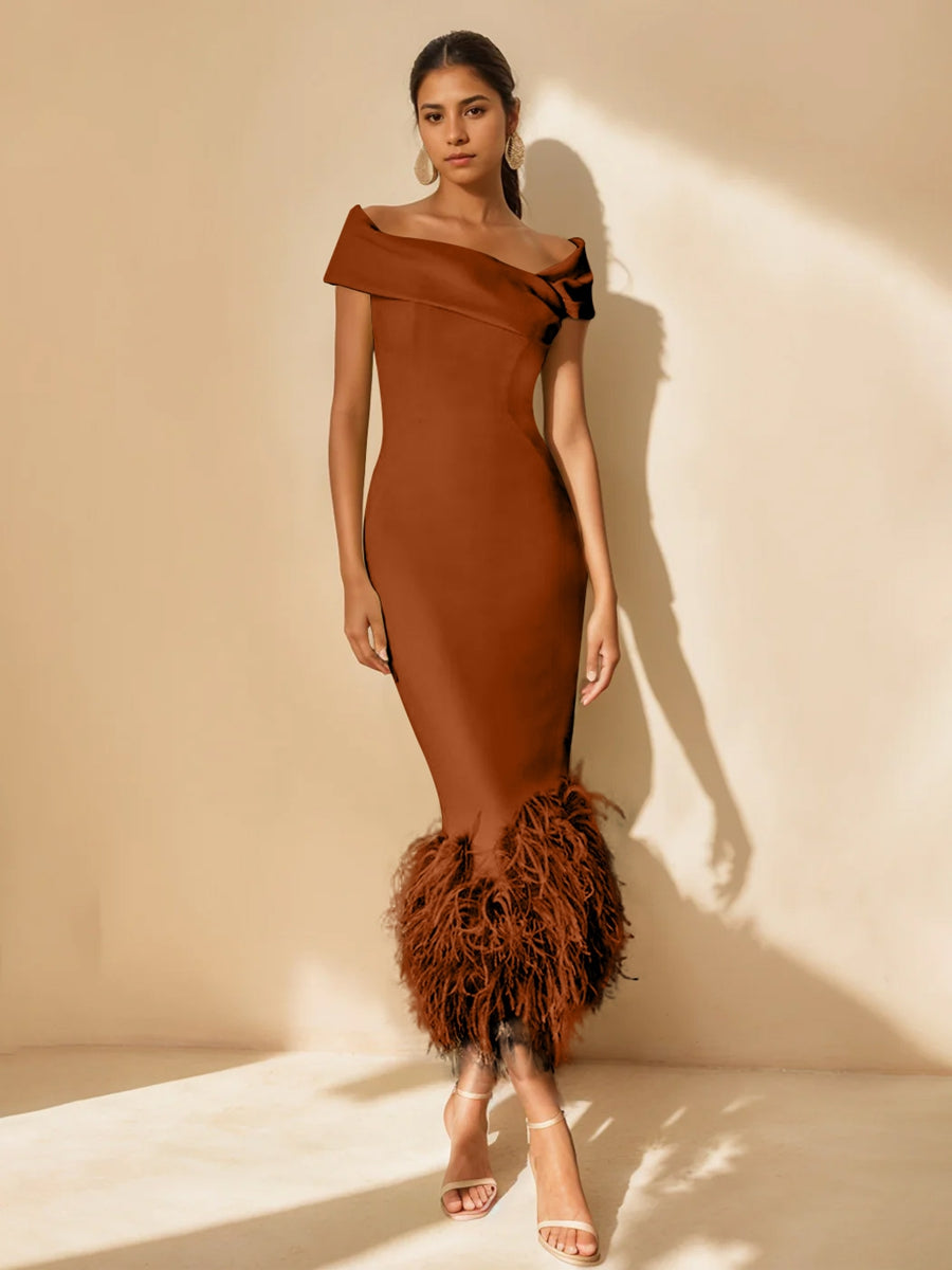 Sheath/Column Off-the-Shoulder Short Sleeves Tea-Length Unique Mother of the Bride Dresses with Feathers Burnt Orange Sheath/Column Off-the-Shoulder Short Sleeves Tea-Length Unique Mother of the Bride Dresses with Feathers Burnt Orange