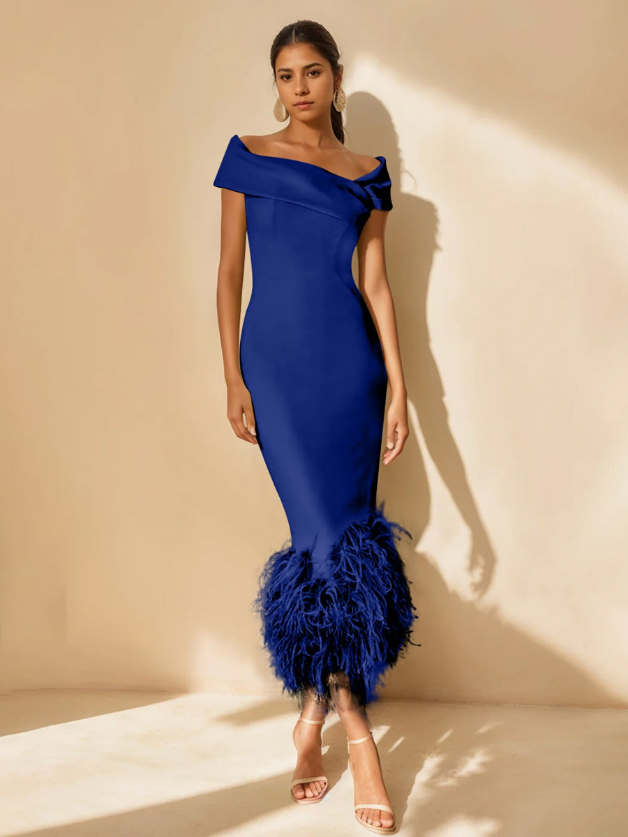 Sheath/Column Off-the-Shoulder Short Sleeves Tea-Length Unique Mother of the Bride Dresses with Feathers Dark Royal Blue Sheath/Column Off-the-Shoulder Short Sleeves Tea-Length Unique Mother of the Bride Dresses with Feathers Dark Royal Blue