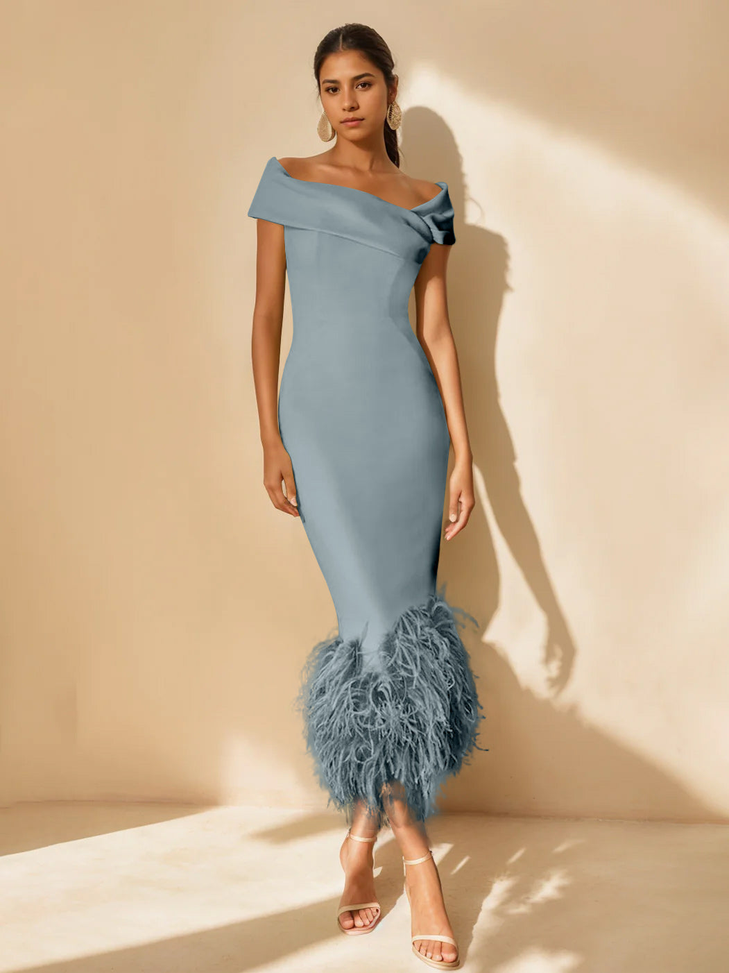 Sheath/Column Off-the-Shoulder Short Sleeves Tea-Length Unique Mother of the Bride Dresses with Feathers