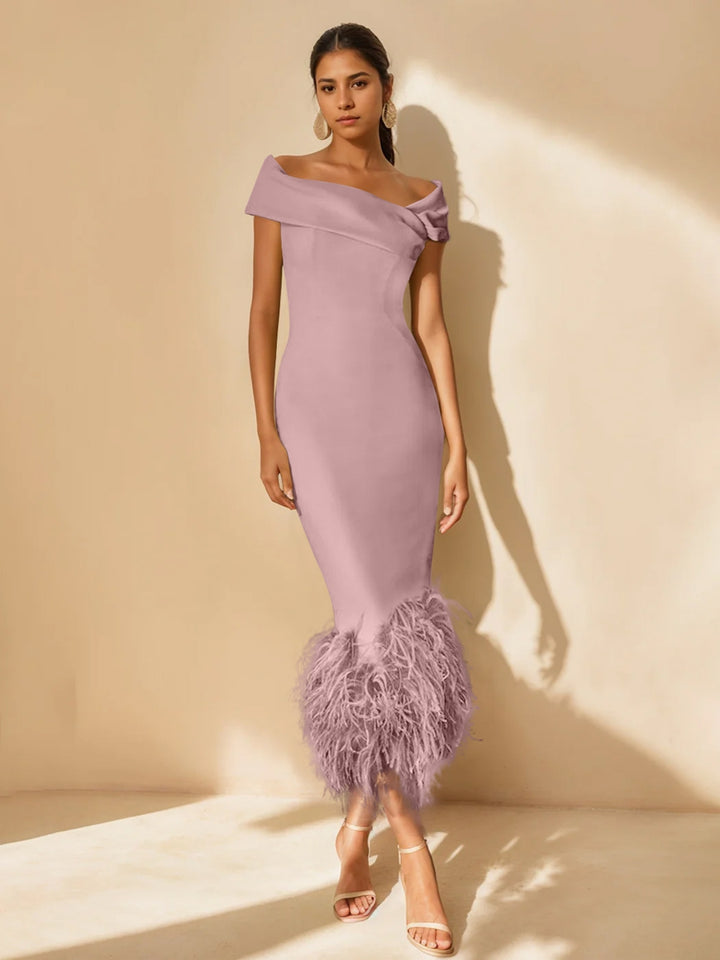 Sheath/Column Off-the-Shoulder Short Sleeves Tea-Length Unique Mother of the Bride Dresses with Feathers