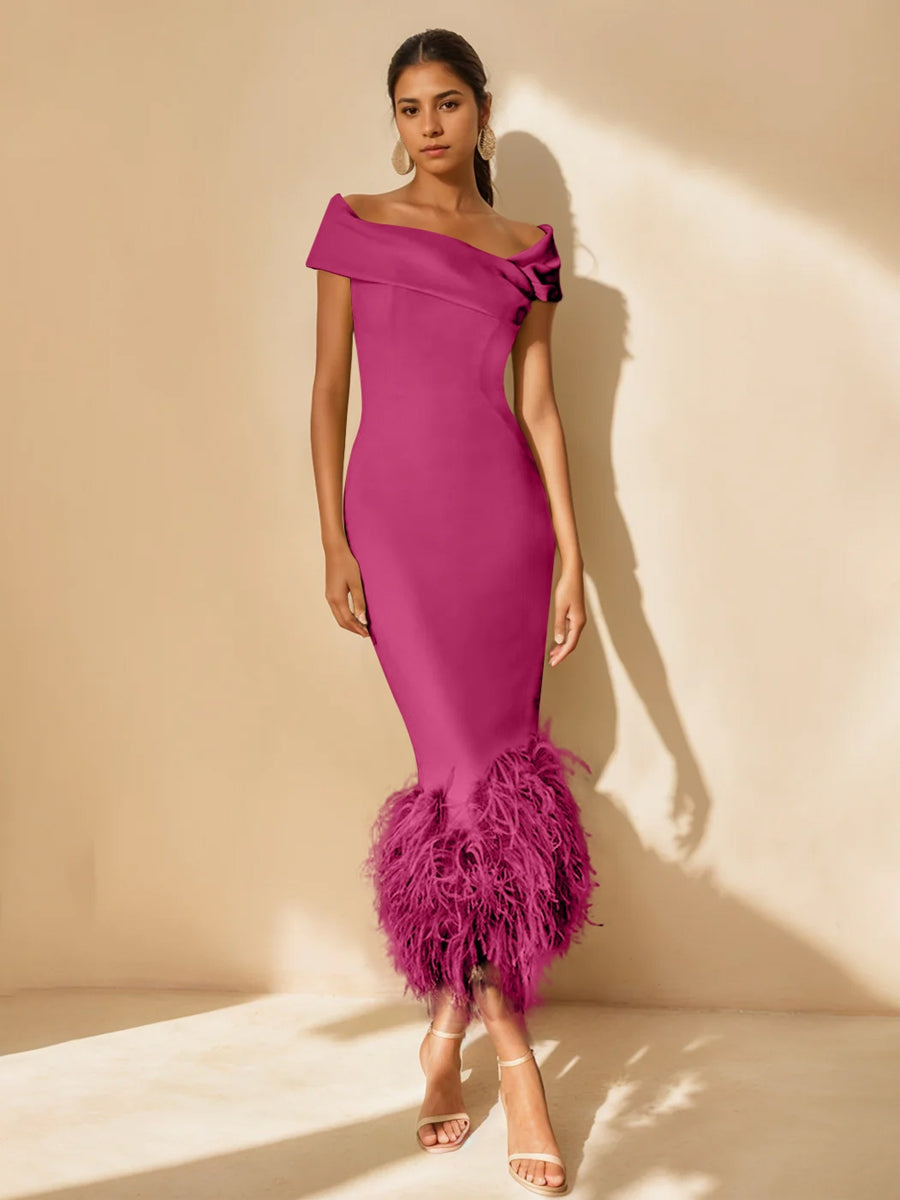 Fuchsia Cocktail Dress 2026 for Women Elegant Feather Off Shoulder Brial's Formal Wedding Dresses Sleeveless Tea-Length Evening Maxi Gown Fuchsia Cocktail Dress 2026 for Women Elegant Feather Off Shoulder Brial's Formal Wedding Dresses Sleeveless Tea-Length Evening Maxi Gown