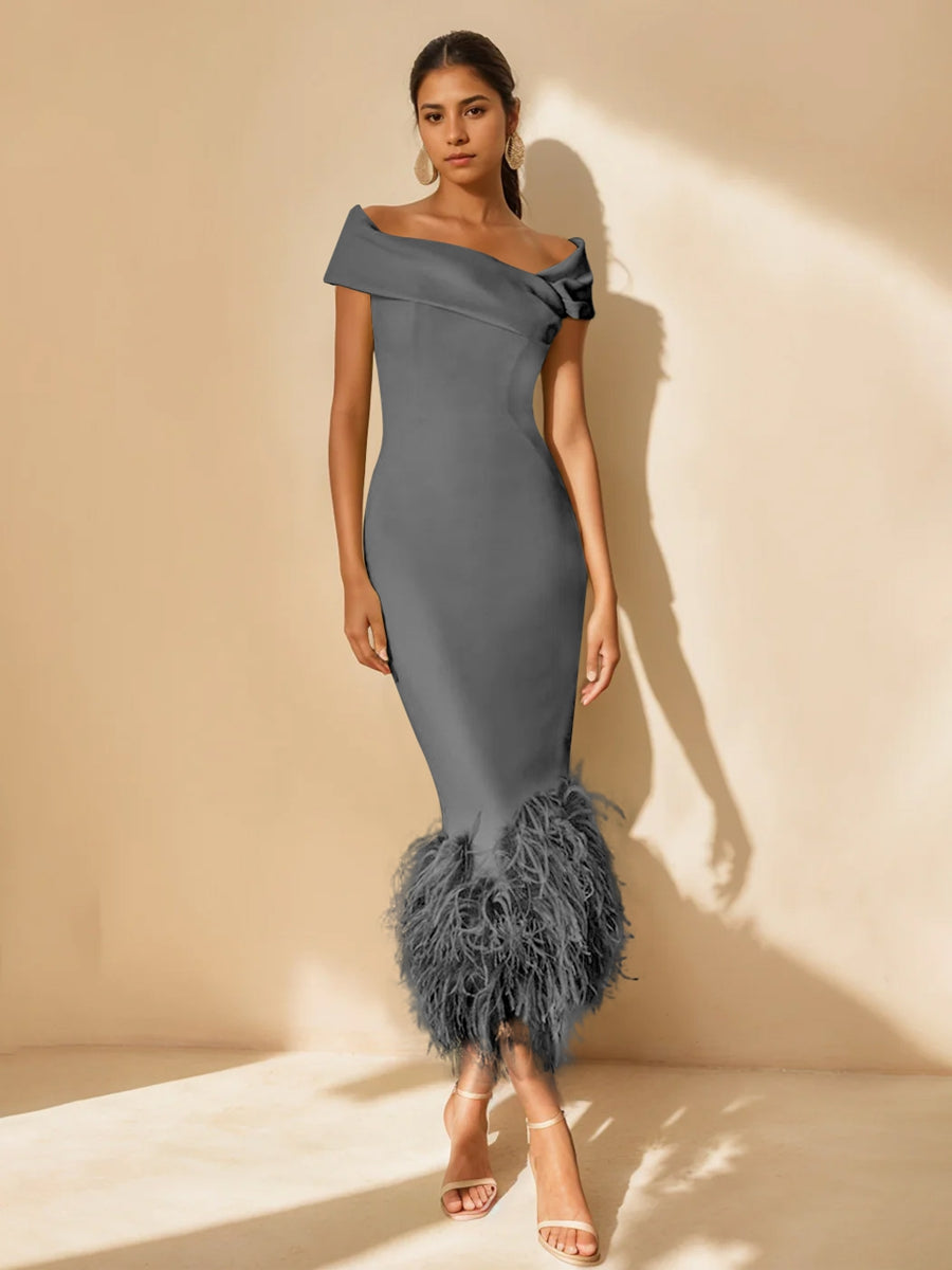 Sheath/Column Off-the-Shoulder Short Sleeves Tea-Length Unique Mother of the Bride Dresses with Feathers Gray Sheath/Column Off-the-Shoulder Short Sleeves Tea-Length Unique Mother of the Bride Dresses with Feathers Gray