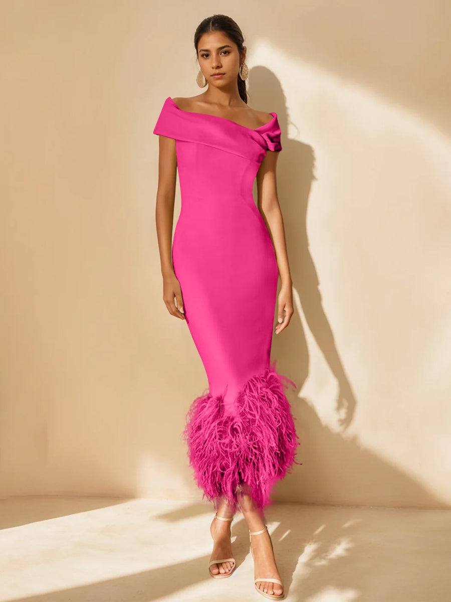 Sheath/Column Off-the-Shoulder Short Sleeves Tea-Length Unique Mother of the Bride Dresses with Feathers Hot Pink Sheath/Column Off-the-Shoulder Short Sleeves Tea-Length Unique Mother of the Bride Dresses with Feathers Hot Pink