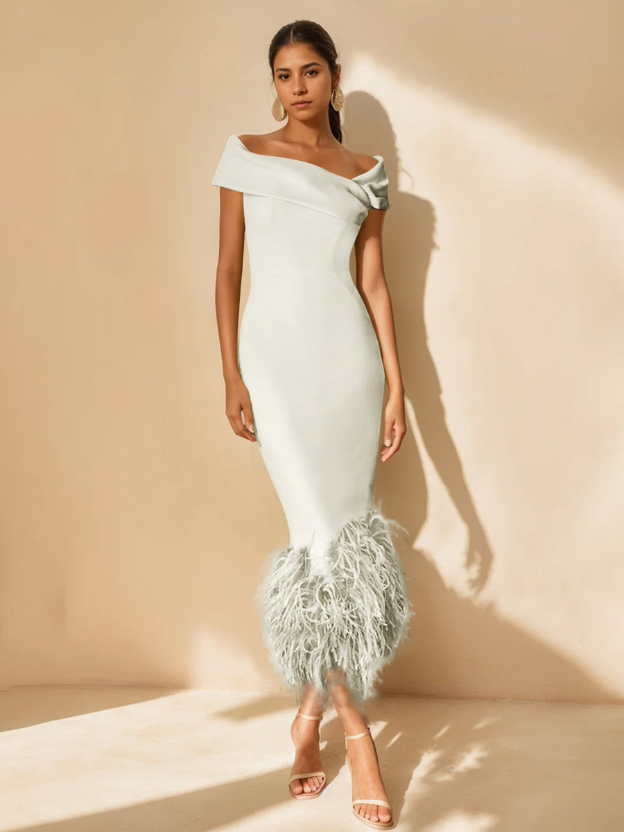 Sheath/Column Off-the-Shoulder Short Sleeves Tea-Length Unique Mother of the Bride Dresses with Feathers