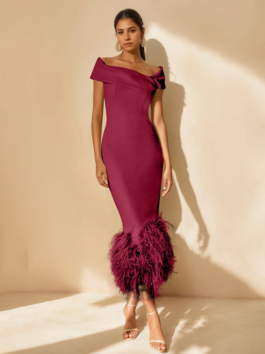 Sheath/Column Off-the-Shoulder Short Sleeves Tea-Length Unique Mother of the Bride Dresses with Feathers