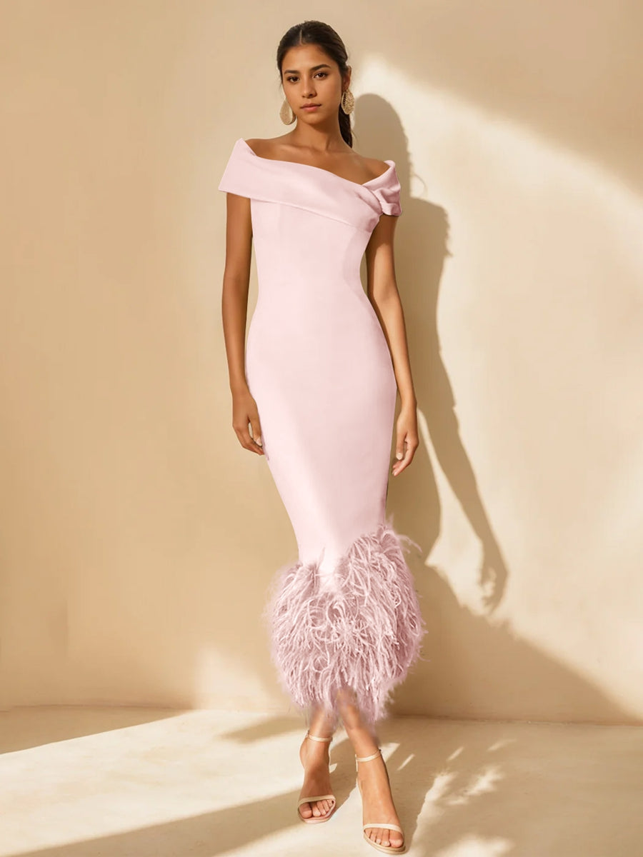 Sheath/Column Off-the-Shoulder Short Sleeves Tea-Length Unique Mother of the Bride Dresses with Feathers