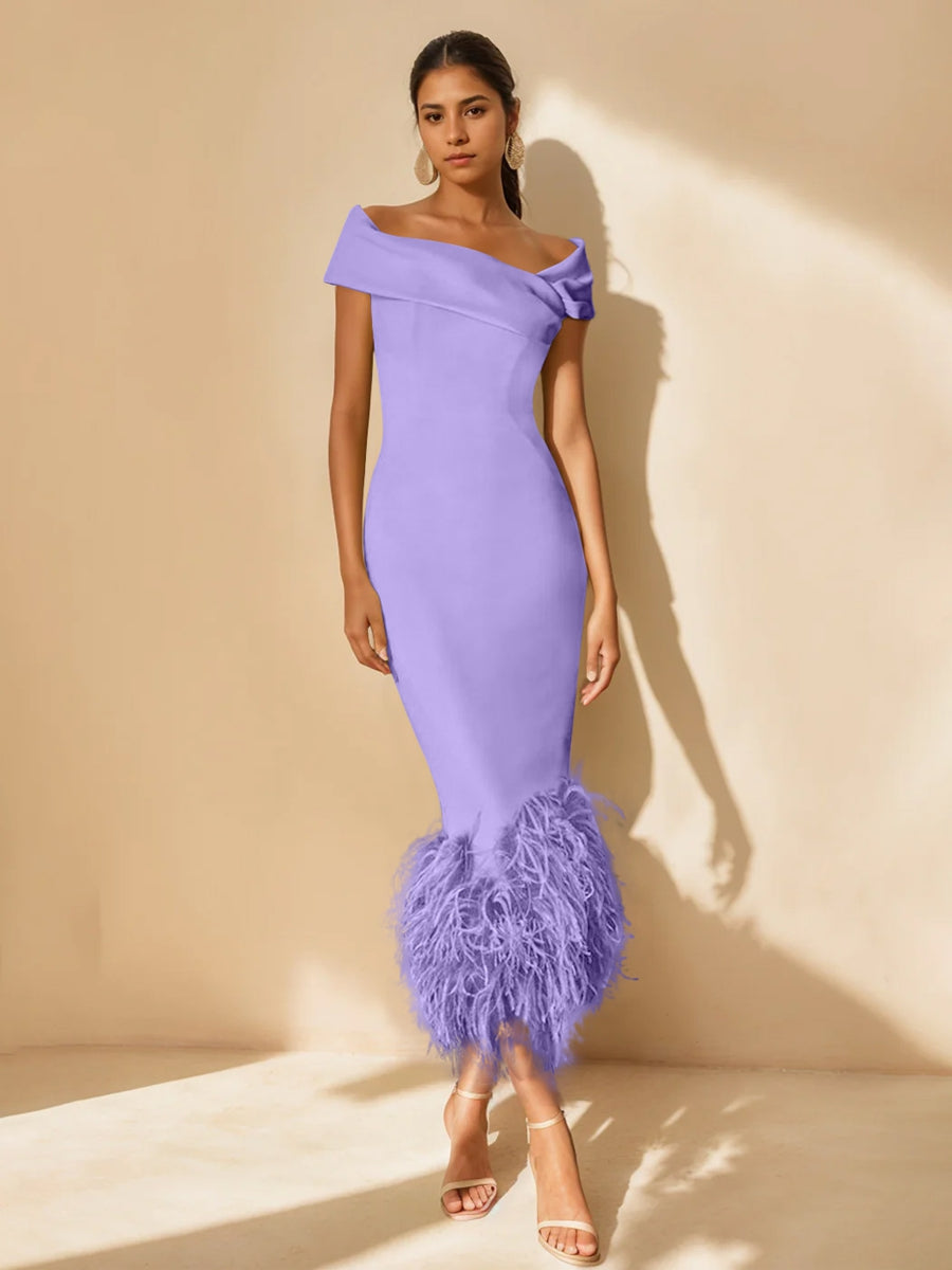 Sheath/Column Off-the-Shoulder Short Sleeves Tea-Length Unique Mother of the Bride Dresses with Feathers