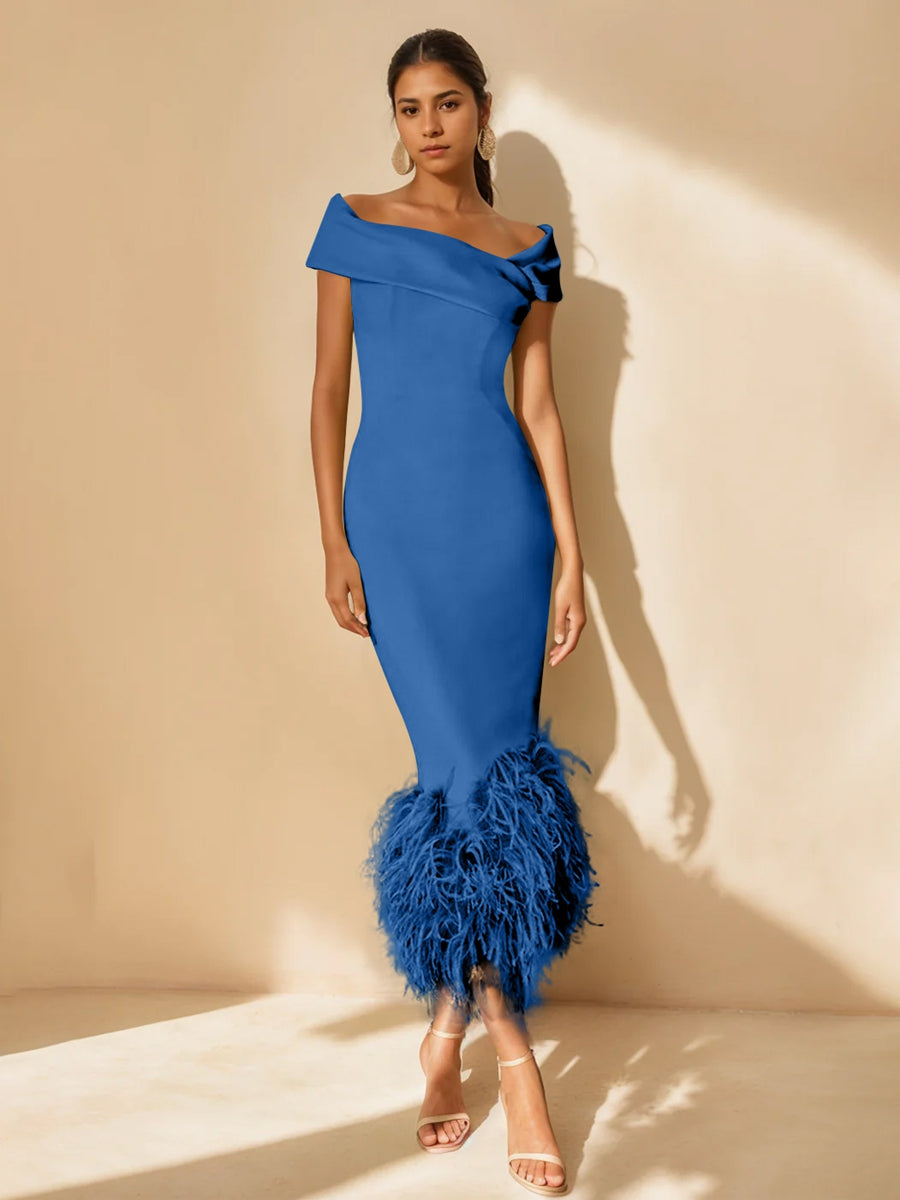 Sheath/Column Off-the-Shoulder Short Sleeves Tea-Length Unique Mother of the Bride Dresses with Feathers